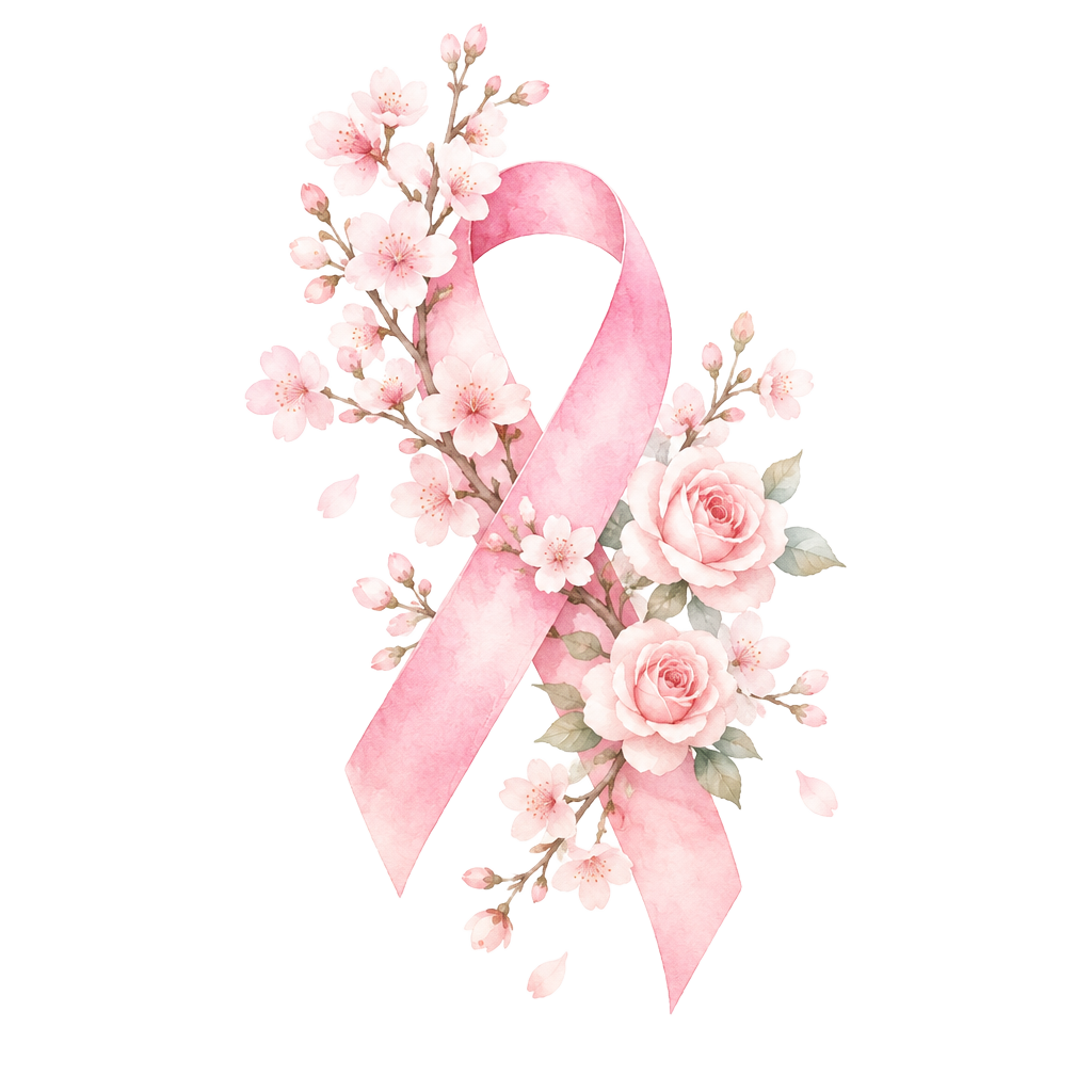 Laço rosa em aquarela com flores de cerejeira, símbolo do Outubro Rosa